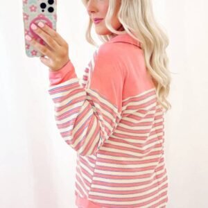 Pink Stripe Buttoned V Neck Collared Drop Shoulder Top