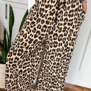 Parchment Leopard Drawstring Flowy Wide Leg Pants