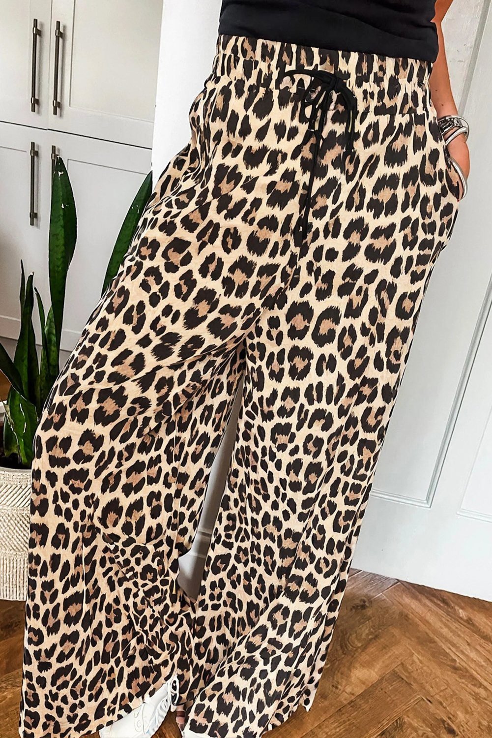 Parchment Leopard Drawstring Flowy Wide Leg Pants