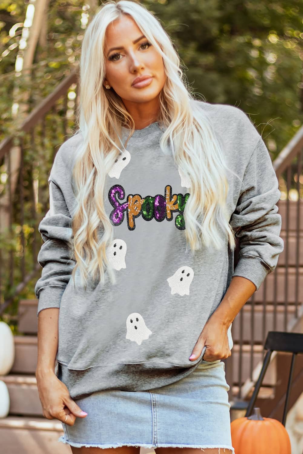 Gray Spooky Halloween Ghost Sequin Patched Sweatshirt