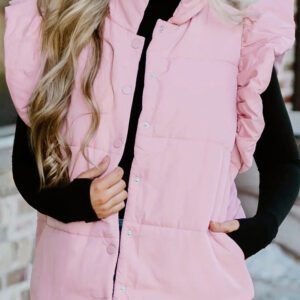 Pink Stand Neck Flutter Sleeve Snap Button Puffer Vest