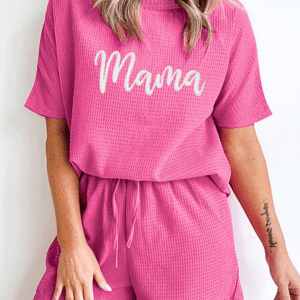 Rose Red Waffle Mama Embroidered Tee And Drawstring Shorts
