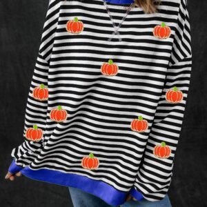 Black Stripe Glitter Halloween Pumpkin Print Oversized Sweatshirt