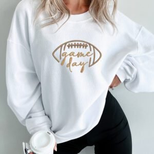 White Rugby Game Day Embroidered Corduroy Sweatshirt