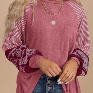 Mineral Red Contrast Print Striped Raglan Long Sleeve Loose Top