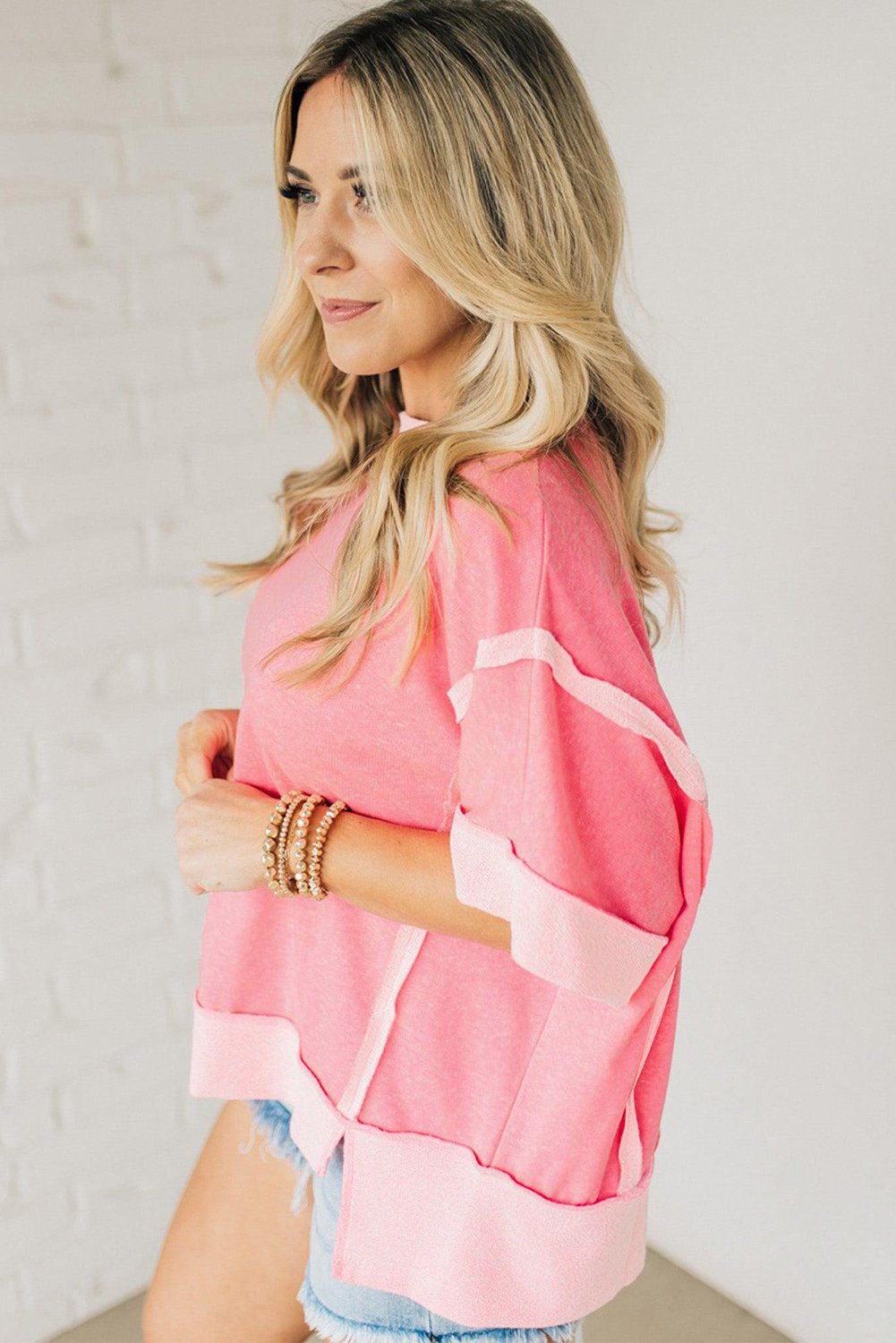 Peach Blossom Half Sleeve Raw Seam High Low Side Split Top