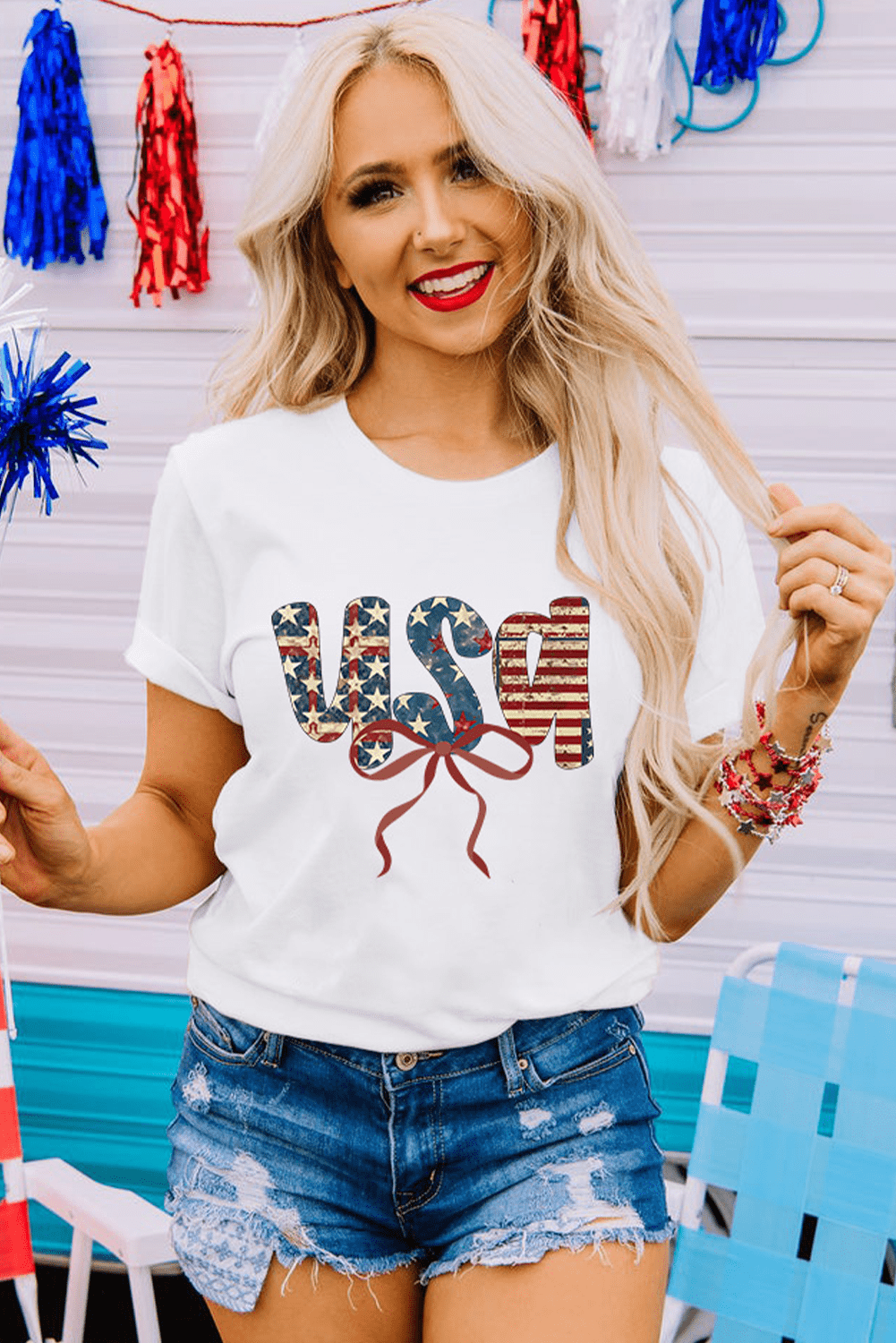 White Usa Bow Letter Graphic Independence Day Fashion Tee