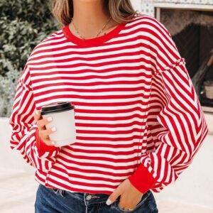 Red Stripe Exposed Seam Drop Shoulder Casual Pullover Top
