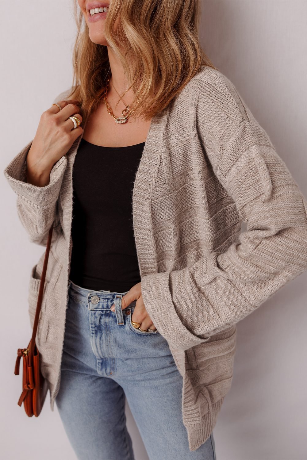 Delicacy Textured Knit Open Front Chic Cardigan With Pockets