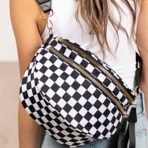 Color Black Checkered Print Wide Strap Large Crossbody Bag