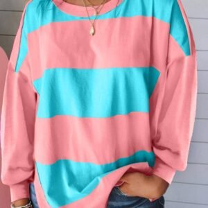 Light Blue Colorblock Striped Drop Shoulder Loose Top