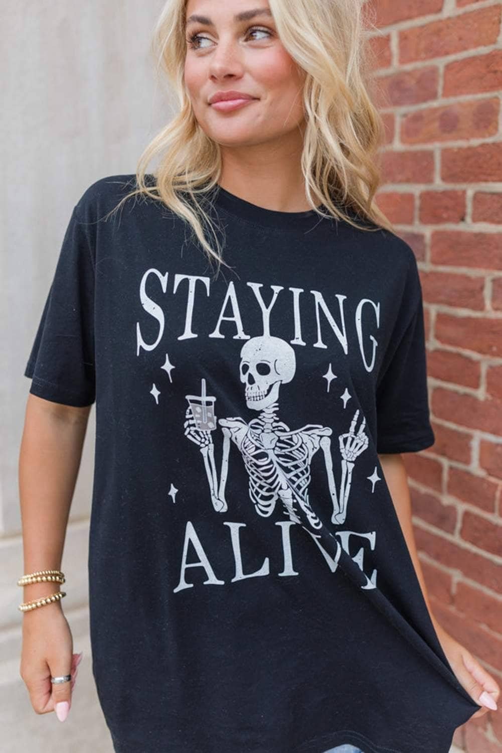 Black Staying Alive Funny Skeleton Print Round Neck T Shirt