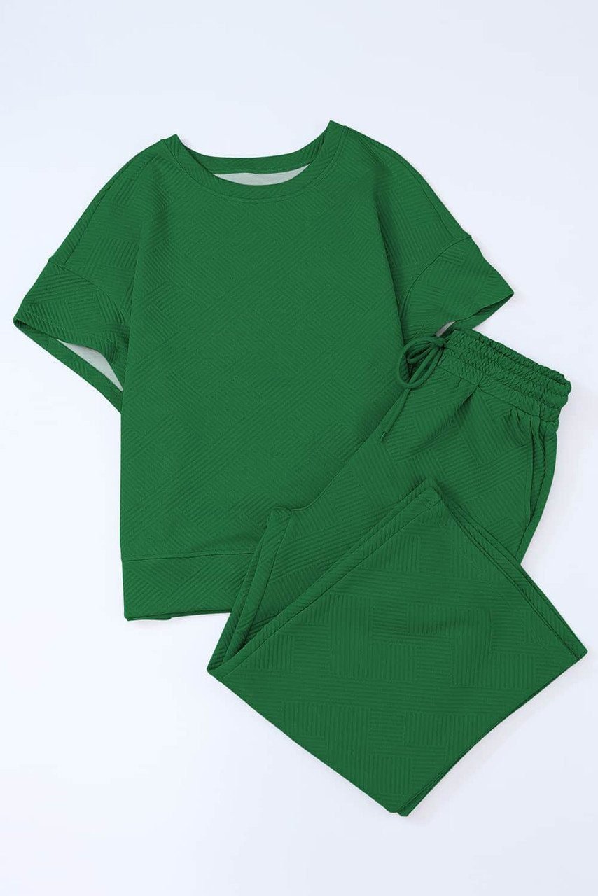 Dark Green Textured Loose Fit T Shirt And Drawstring Pants Set