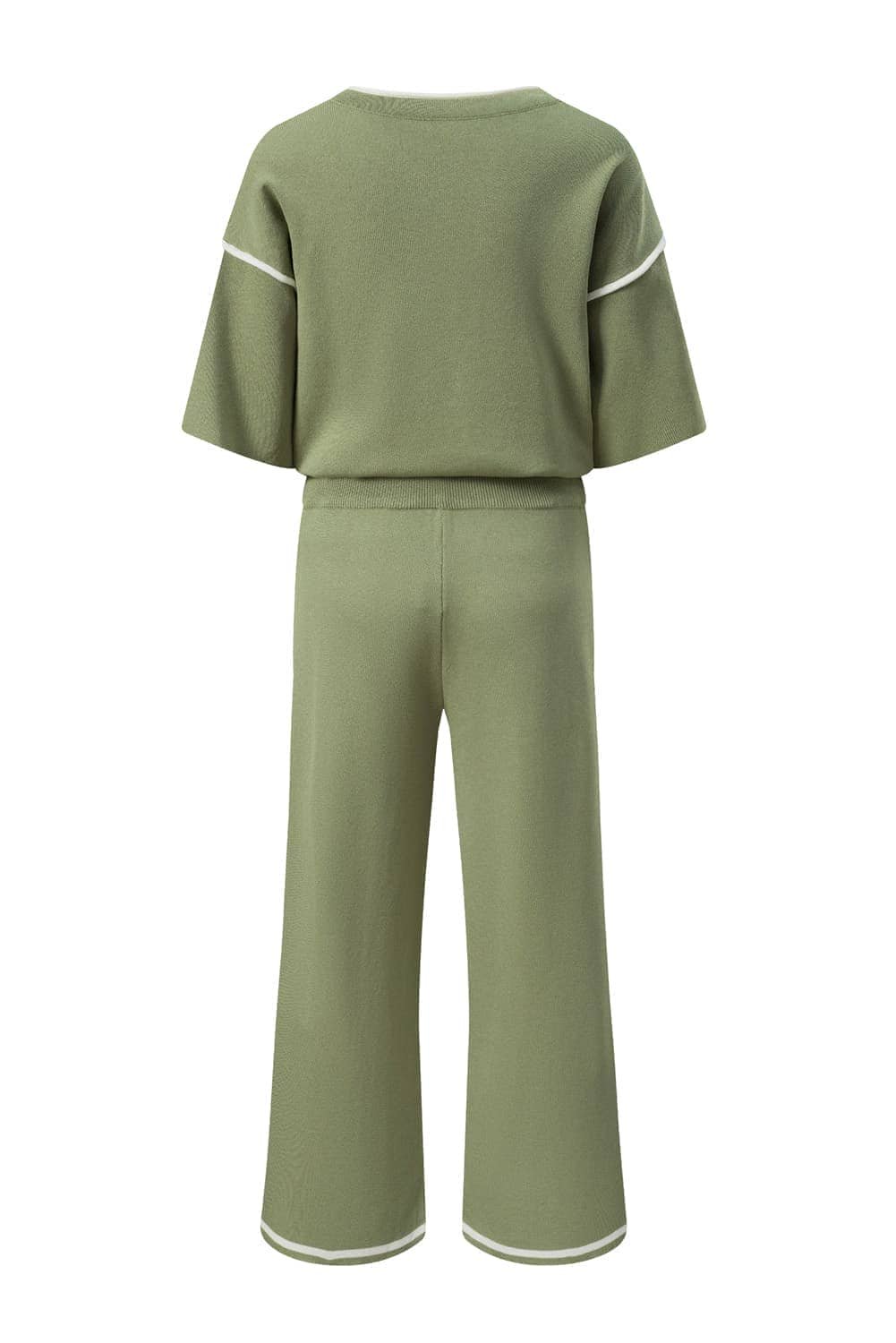 Guacamole Green Contrast Trim Half Sleeve Top Drawstring Pants Loose 2Pcs Sweater Suit