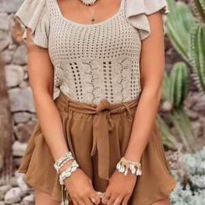 Beige Pointelle Knit Flutter Sleeve Sweater