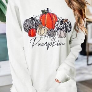 Beige Rhinestone Pumpkin Graphic Crewneck Thanksgiving Sweatshirt