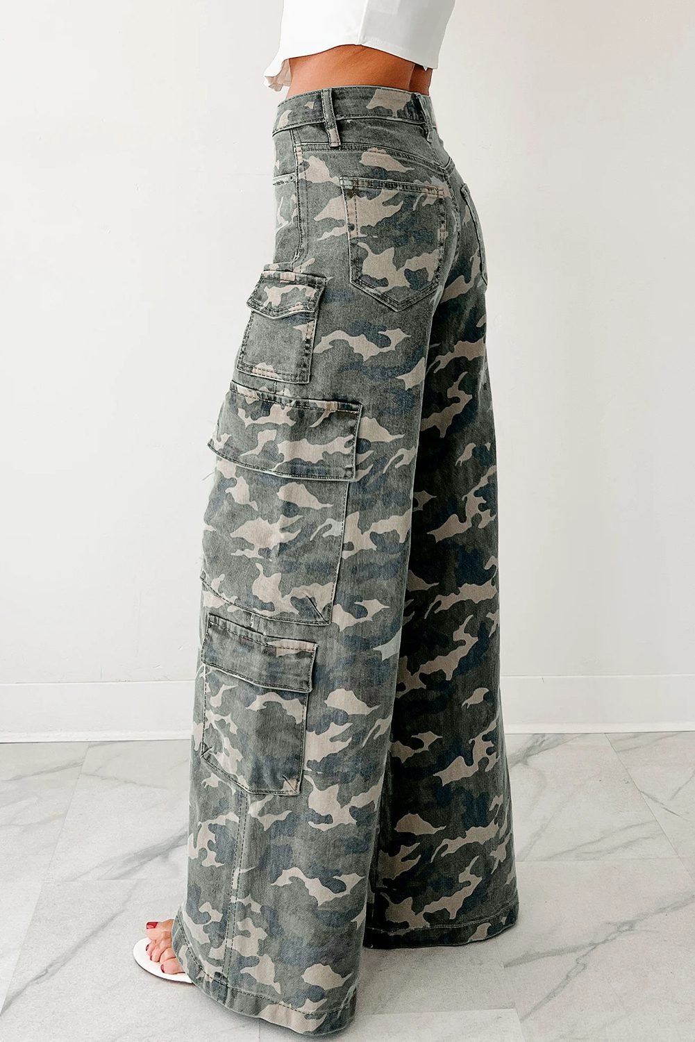 Green Camo Denim Cargo Wide Leg Pants
