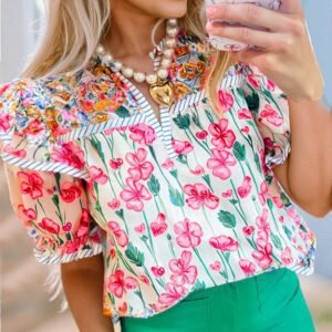 Pink Floral Print Striped Detail Split Neck Short Sleeve Blouse