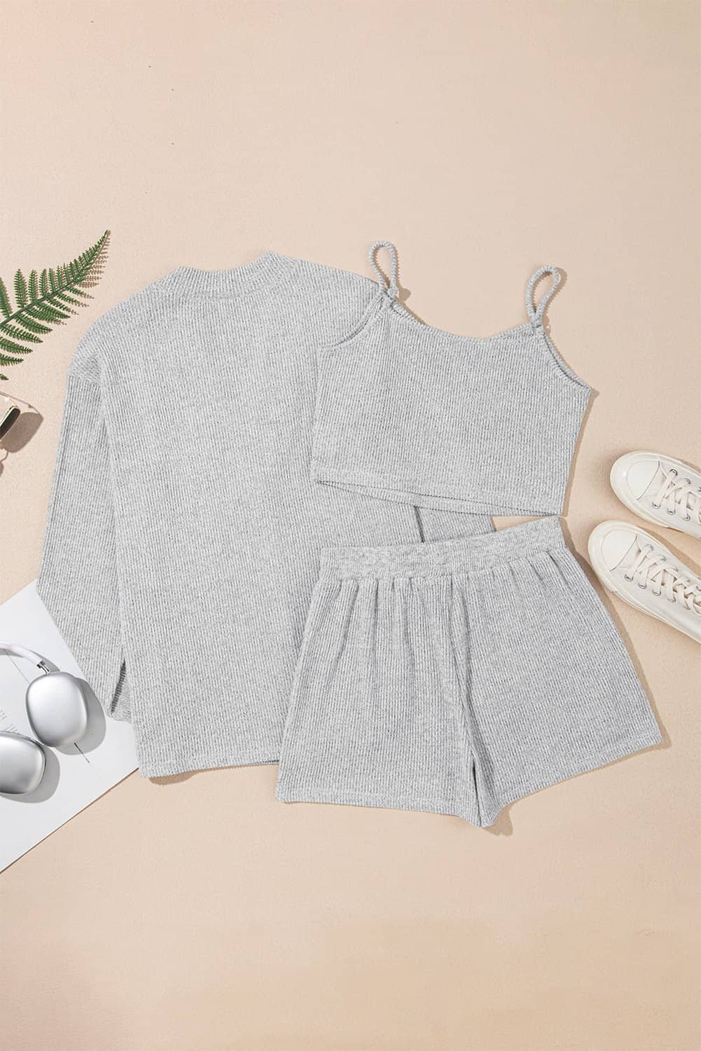 Light Grey 3 Pieces Rib Crop Camisole Matching Shorts Lounge Set With Cardigan