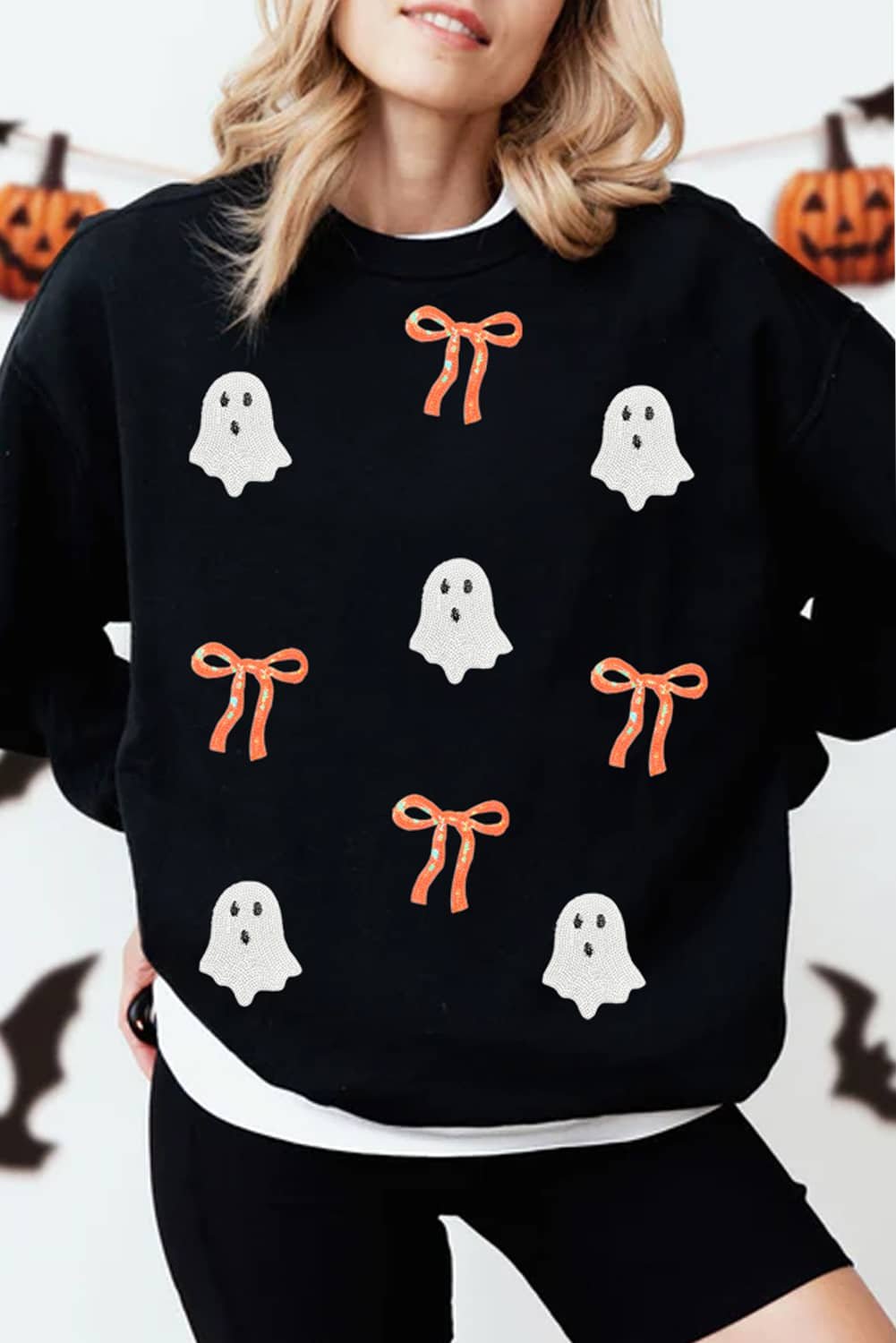 Black Halloween Ghost Bow Sequin Patched Drop Shoulder Sweatshirt