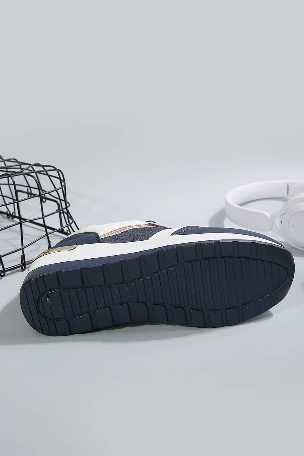 Sail Blue Glitter Patched Lace-Up Wedge Sneakers