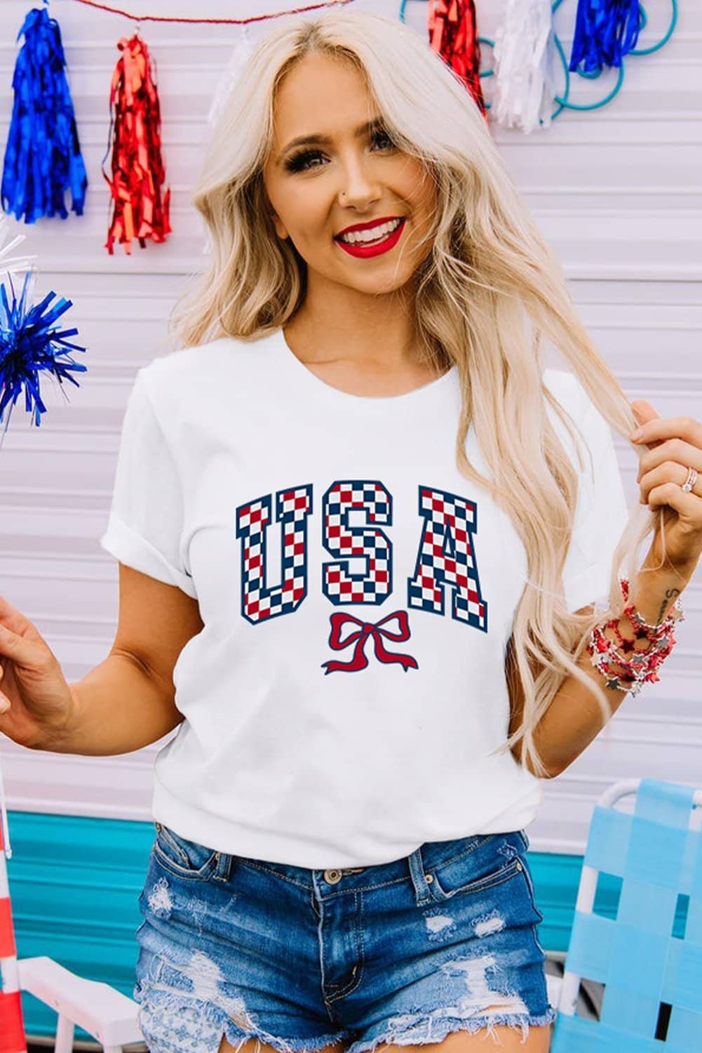White Checkered Usa Graphic Casual Tee
