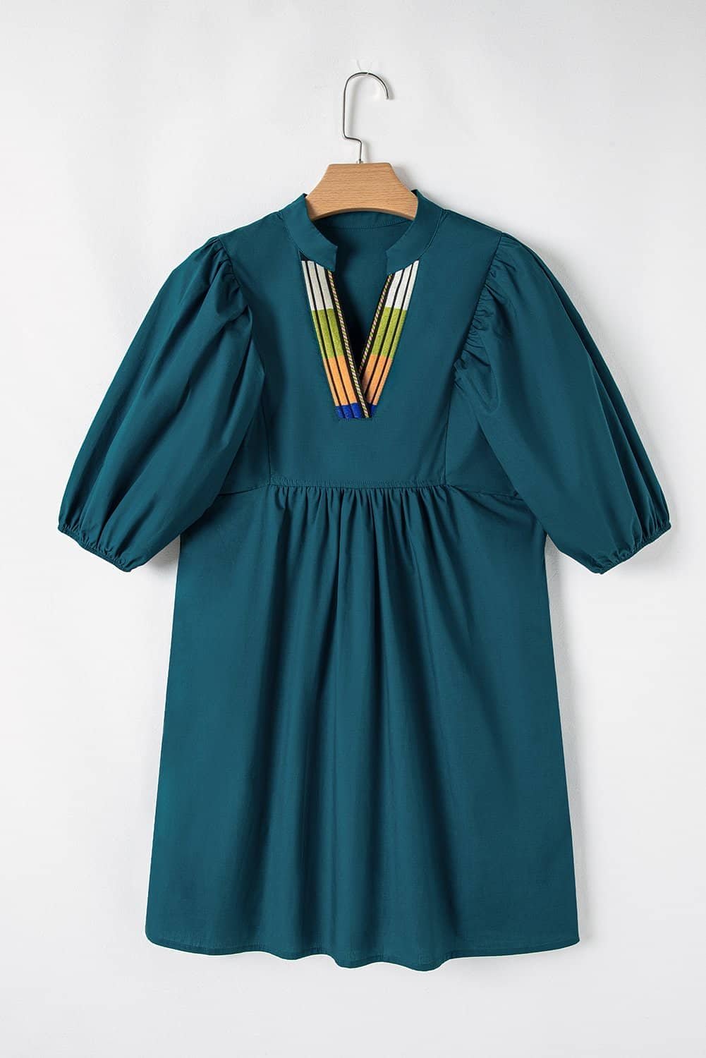 Blue Sapphire Colorblock Split V Neck Puff Sleeve Mini Dress