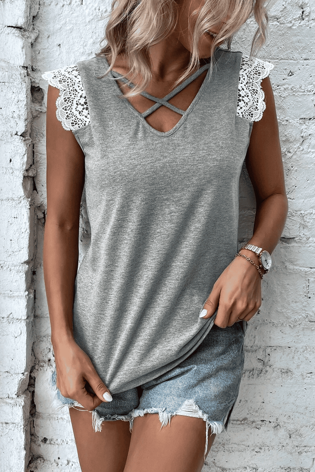 Gray Lace Patchwork Criss Cross V Neck Tank Top
