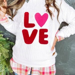 White Love Chenille Embroidered Cable Knit Pullover Sweatshirt