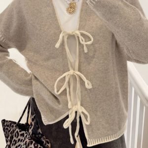 Pale Khaki Tied Front Drop Shoulder Chunky Casual Cardigan