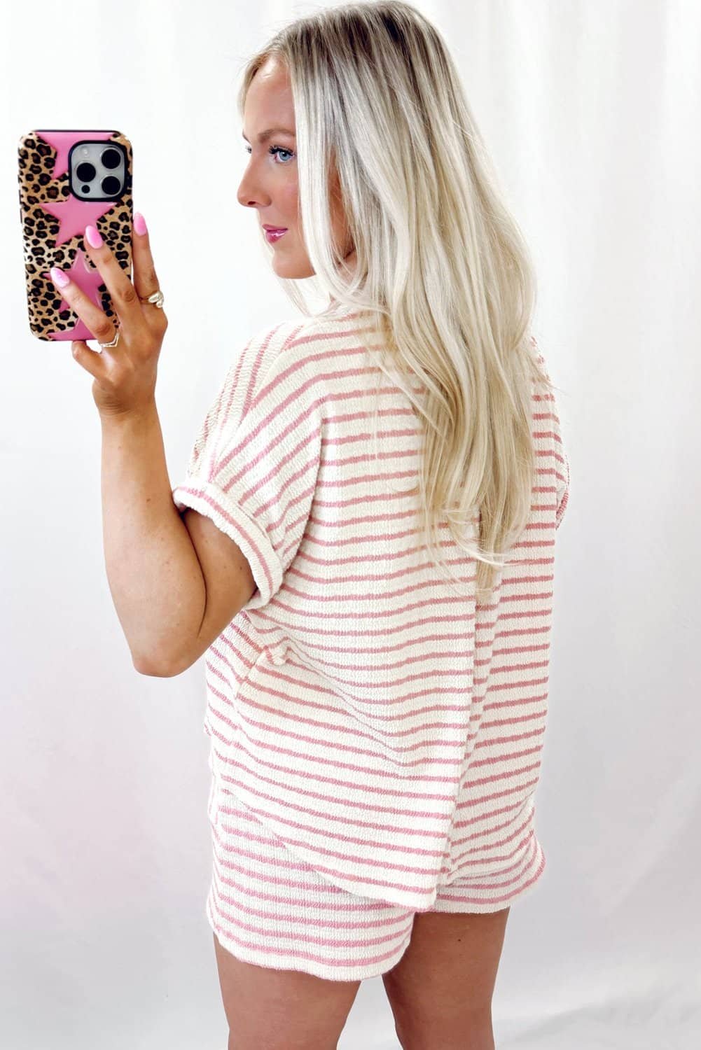 Pink Stripe Knitted Short Sleeve Top And Drawstring Shorts Set