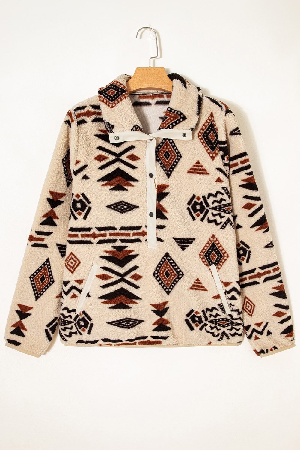 Beige Western Aztec Half Zip Plush Sweatshirt