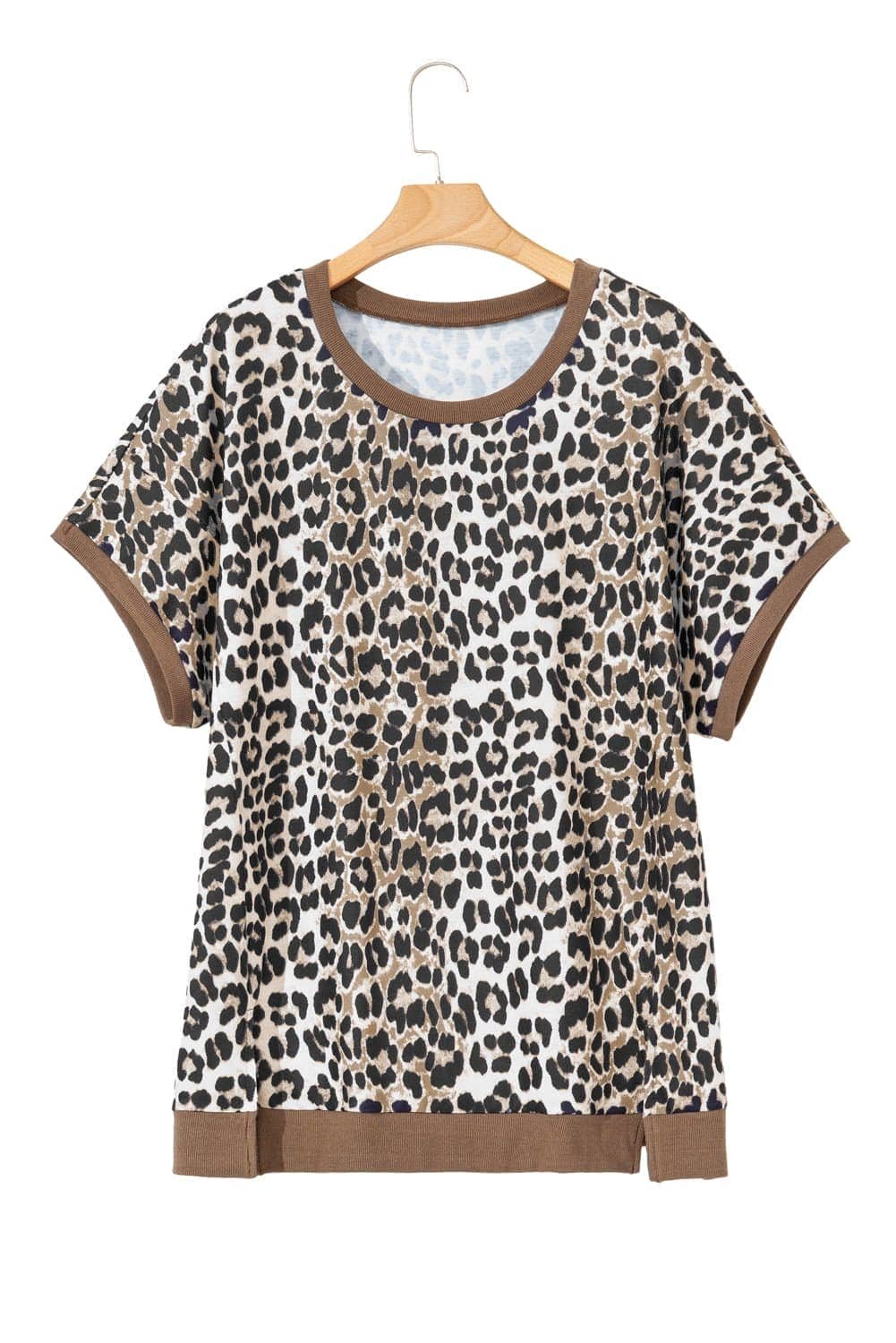 Khaki Leopard Contrast Trim Short Sleeve Loose Plus Size Top