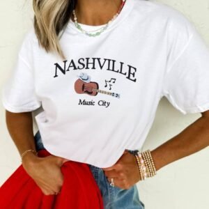 White Guitar Nashville Music City Print Crewneck Tee