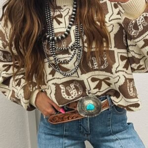 Brown Bows & Horseshoes Pattern Western Fashion Print Sweater