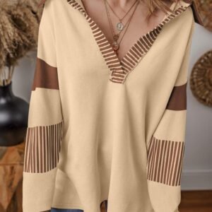 Light French Beige Striped Colorblock Patchwork Collar Sweatshirt