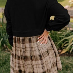 Black Plaid Patchwork High Waist Sweatshirt Mini Dress