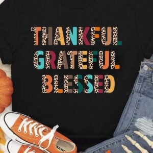 Black Thankful Grateful Blessed Leopard Print Crewneck T Shirt