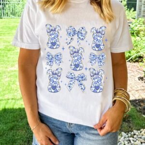 White Bowknot Bunny Graphic Easter Fashion T Shirt