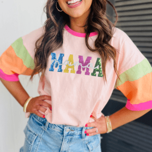 Pink Sequin Mama Letter Graphic Color Block Patchwork Sleeve Tee