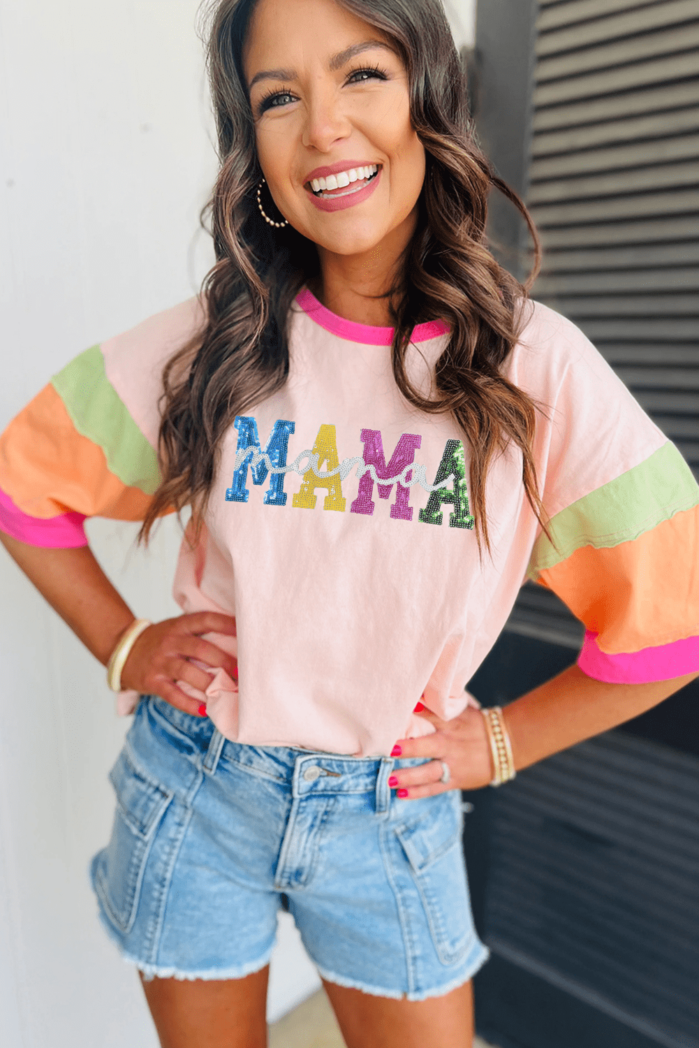 Pink Sequin Mama Letter Graphic Color Block Patchwork Sleeve Tee