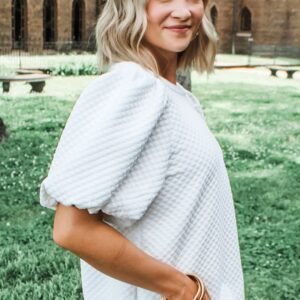 White Solid Textured O Neck Puff Sleeve Blouse