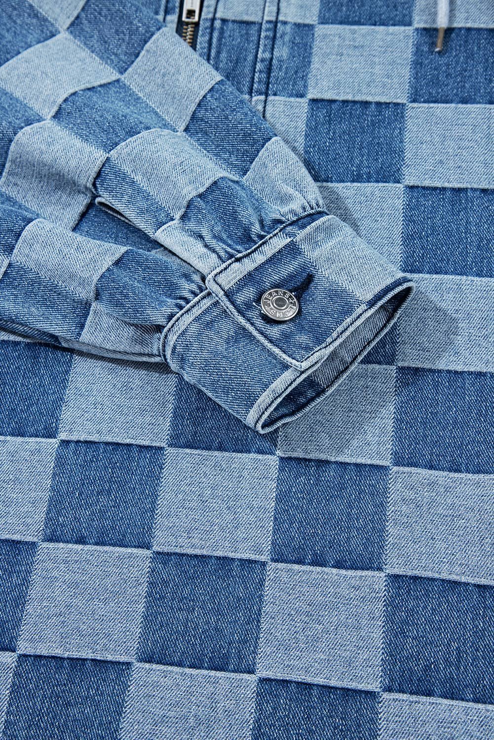 Sky Blue Checkerboard Zipped Neck Kangaroo Pocket Denim Hoodie