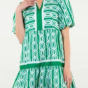 Bright Green Abstract Patterned V Neck Puff Short Sleeve Mini Dress