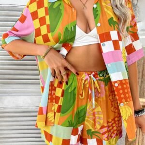 Red Vacation Printed Loose Shirt And Drawstring Shorts Set