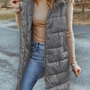 Dark Grey Hooded Long Quilted Vest Coat