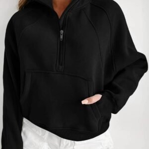 Black Zip Up Stand Collar Ribbed Thumbhole Sleeve Sweatshirt