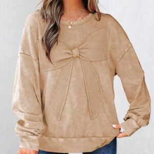Light French Beige Mineral Wash Big Bow Patchwork Pullover Sweatshirt