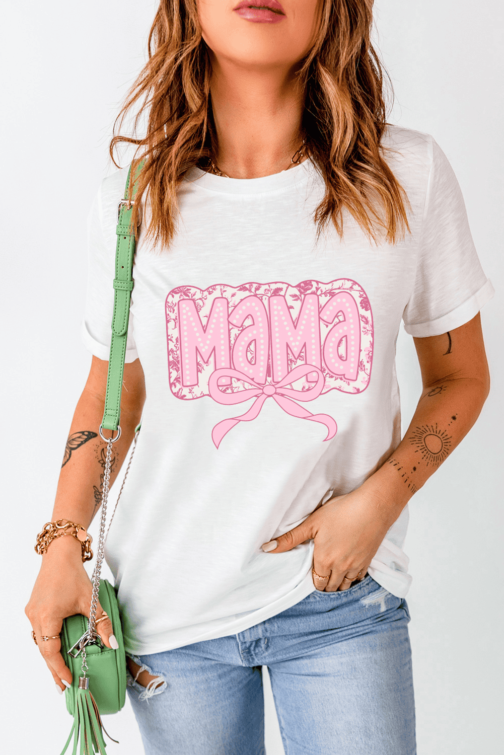 White Mama Bowknot Graphic Crewneck Mothers Day T Shirt