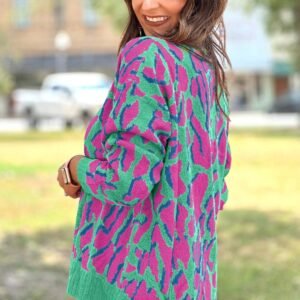 Green Abstract Print Ribbed Trim Baggy Sweater